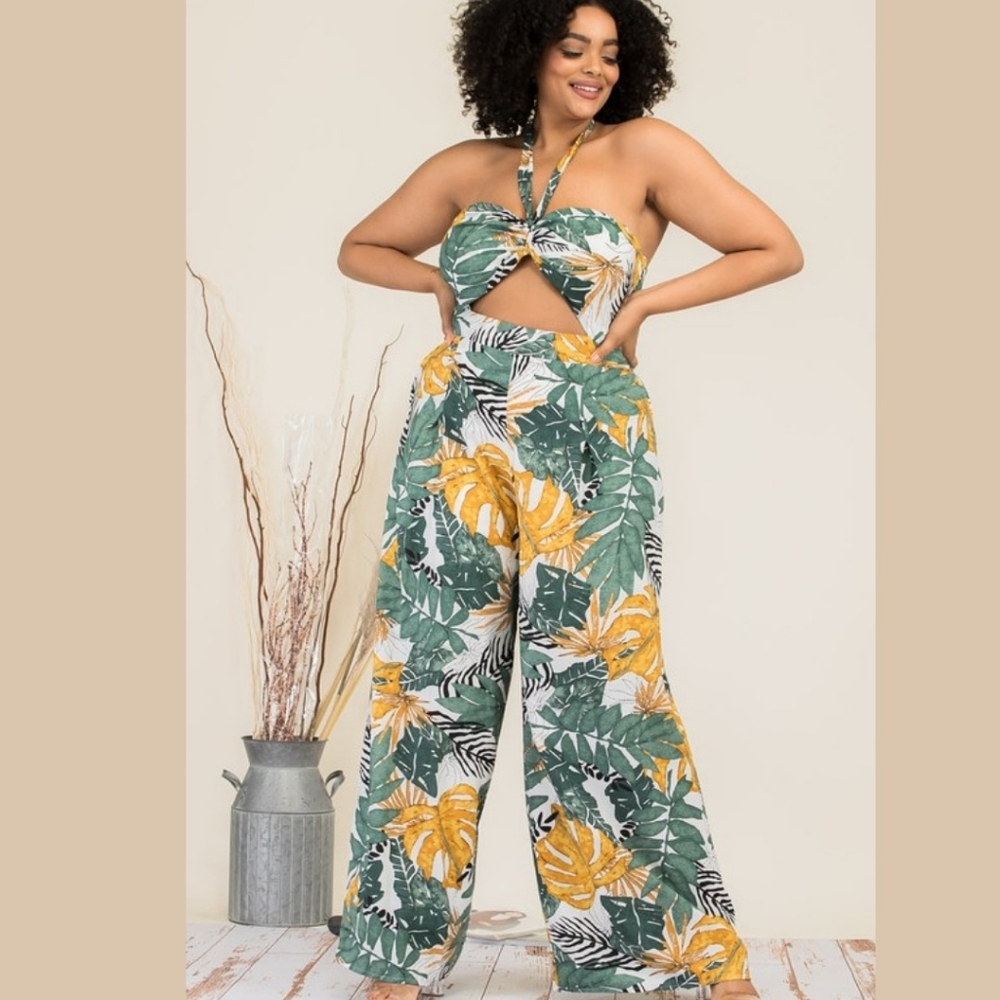 HP Tropical leaves cut-out halter plus size jumpsuit